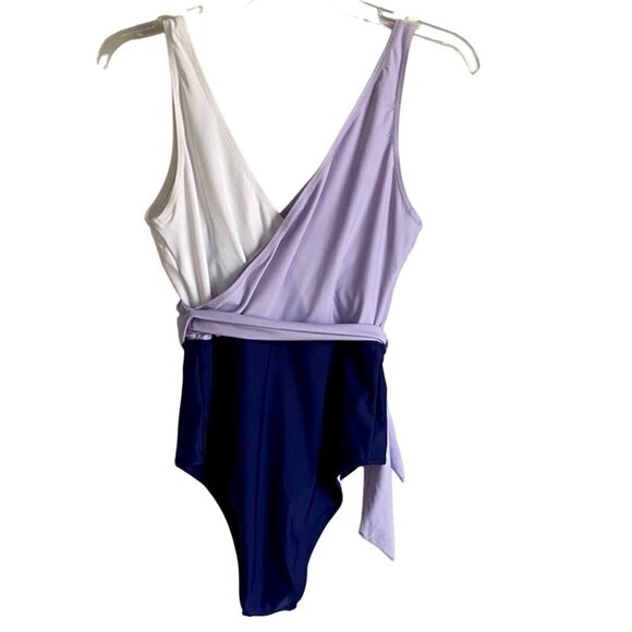 Cupshe One Piece Swimsuit Color Block Tie Side Purple White Size Small NEW NWT - Picture 6 of 11